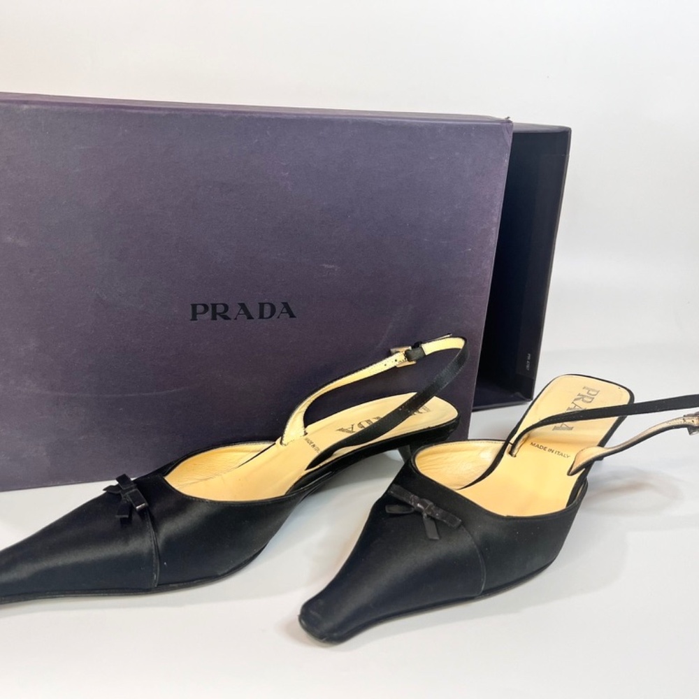 Prada Black Satin & Leather Kitten Heels | Size 37.5 | Worn Once | With Box